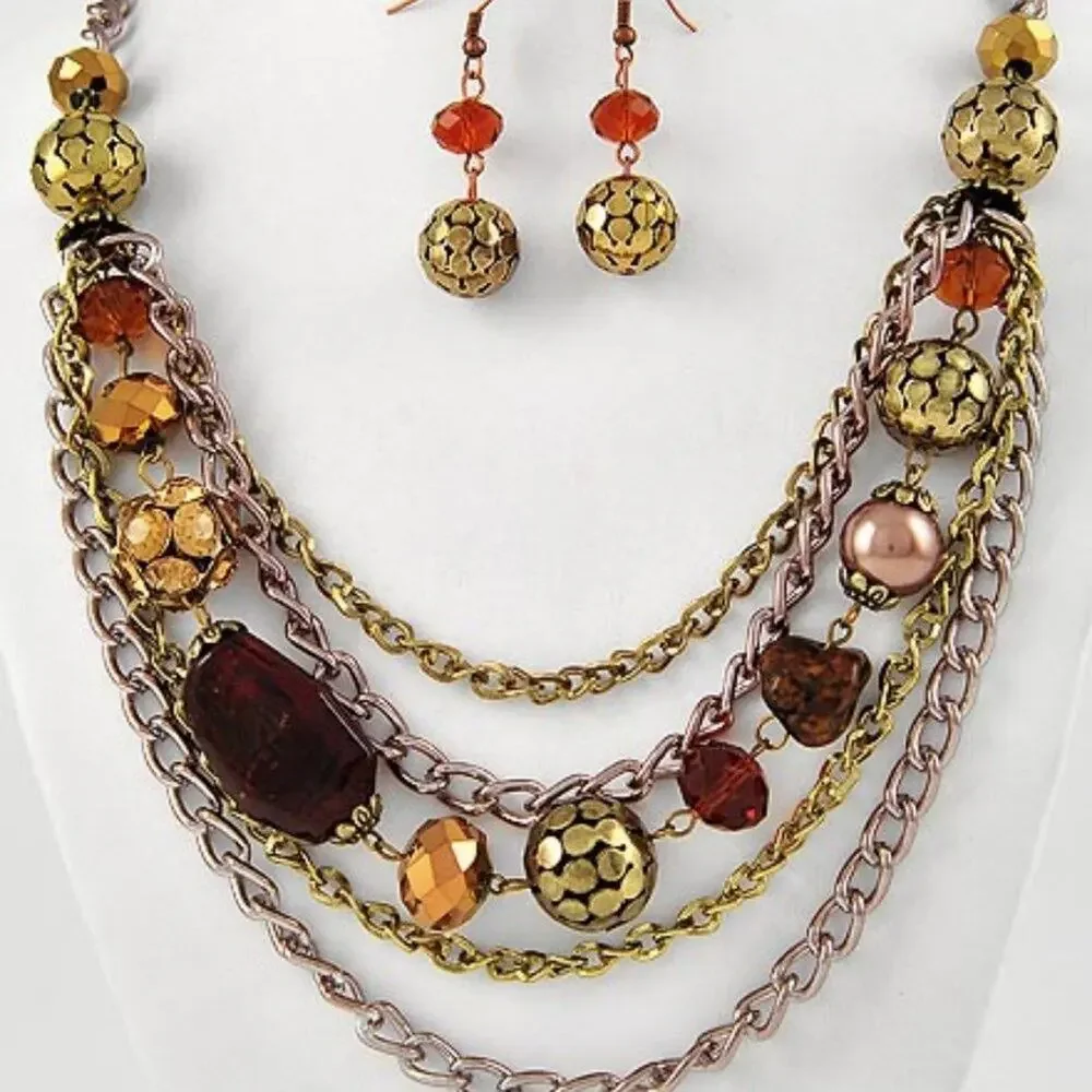 Two Tone Gold & Smoked Topaz Glass Crystal Necklace & Earring Set - Picture 1 of 2